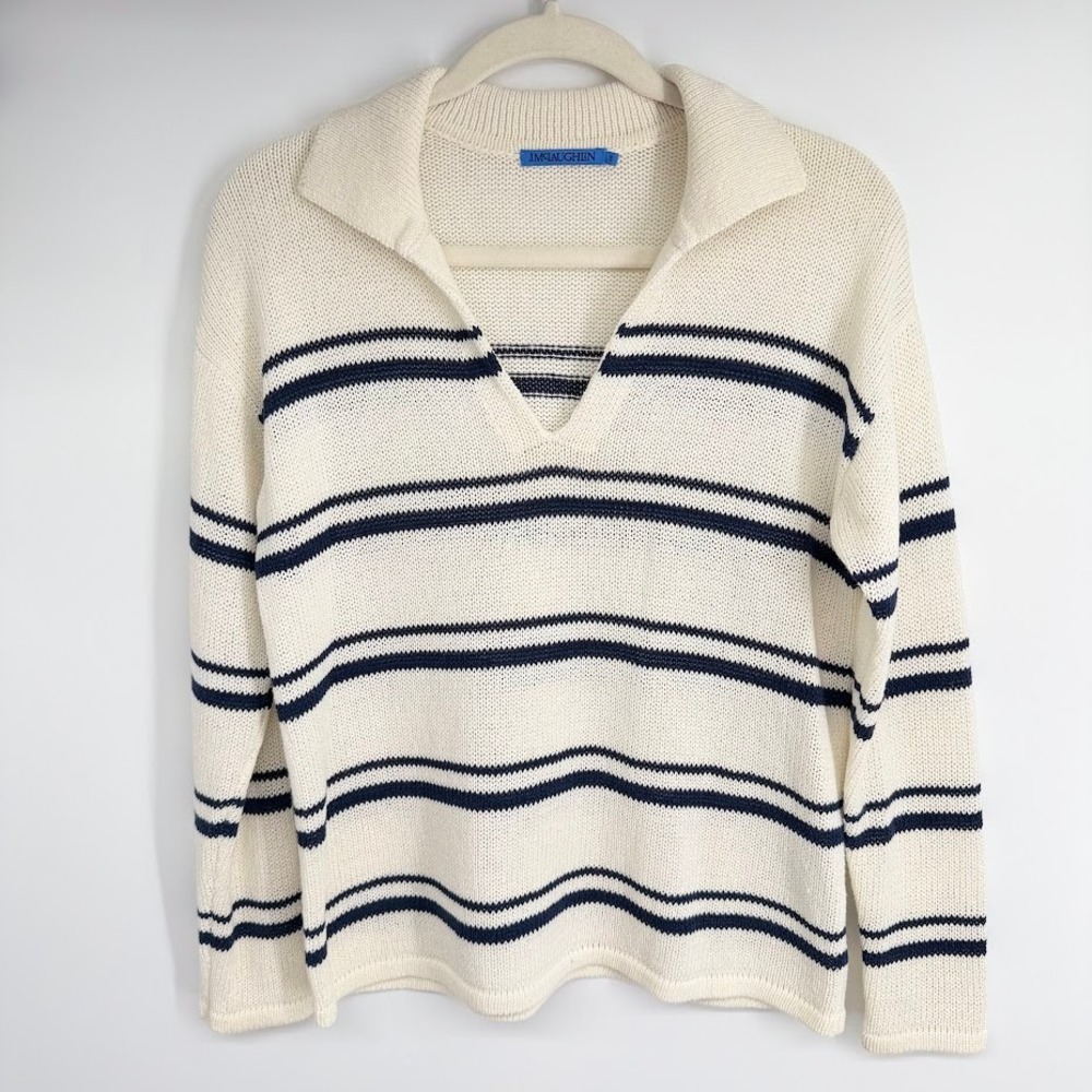 J.McLaughlin Valerie Sweater Small White Navy Striped Linen Blend V-Neck Coastal